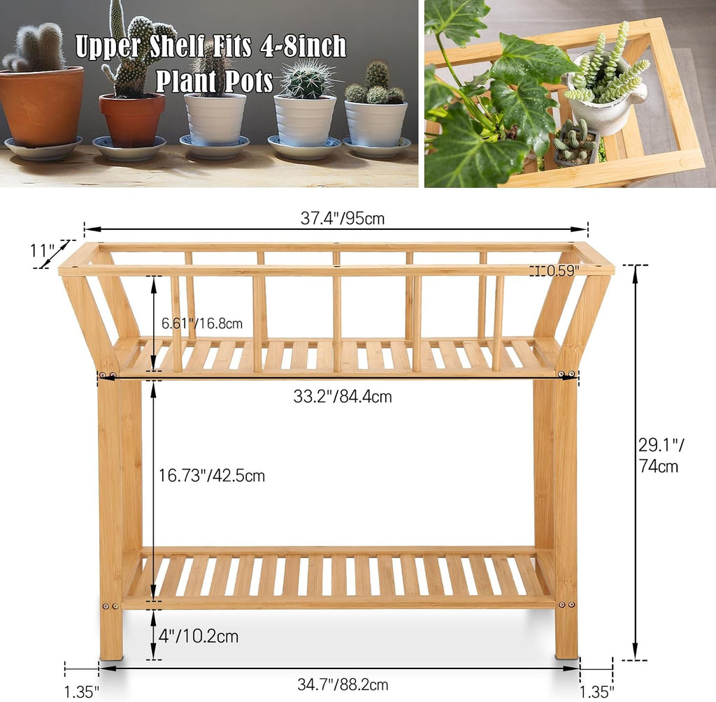 Bamboo Plant Stand Indoor 37.4"x11" 2 Tier Tall Organizer Shelf | Flower Pot Holder, Mid Century Modern Table