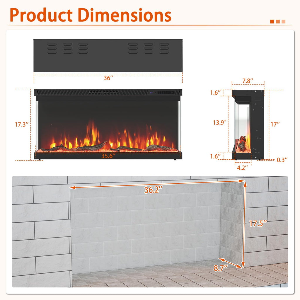 36 Inch 3-Sided Electric Fireplace Insert with Heater