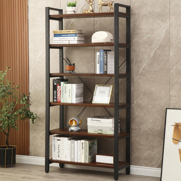 WH-AOERPYMY Natural Real Wood Bookcase,Industrial Bookshelf,6 Tier Solid Wood Open Book Shelf Storage,Metal Shelving