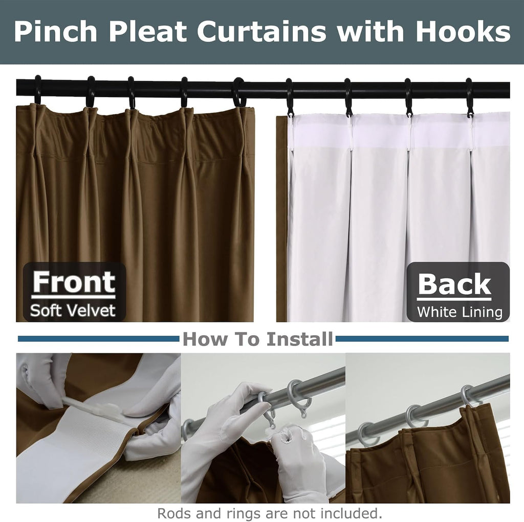 Velvet Curtains Blackout Curtains Thermal Insulated Window Panels Pinch Pleat Curtains for Traverse Rod and Track