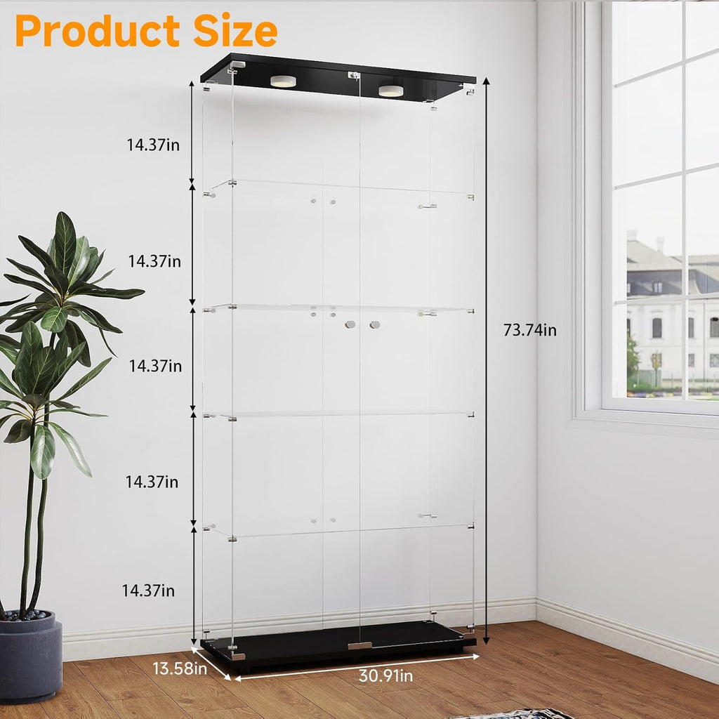 Glass Display Cabinet 5-Tier with LED Lights, Double Door, Black