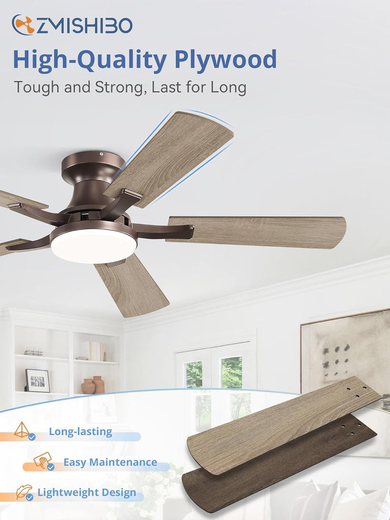 42 Inch Ceiling Fan with Light, App&Remote Control, Flush Mount Low Profile, Dimmable 20W LED Light, Quiet Reversible Motor for Bedroom, Living Room, Apartment, Brown