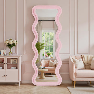 Irregular Wavy Full Length Mirror - 63"x24" Floor & Wall Mounted Mirror with Stand - Pink Flannel Wrapped Wooden Frame
