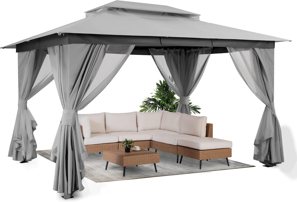 10'x13' Outdoor Gazebo, Metal Frame Heavy Duty Patio Canopy Tent Shelter with Double Roofs - Gray
