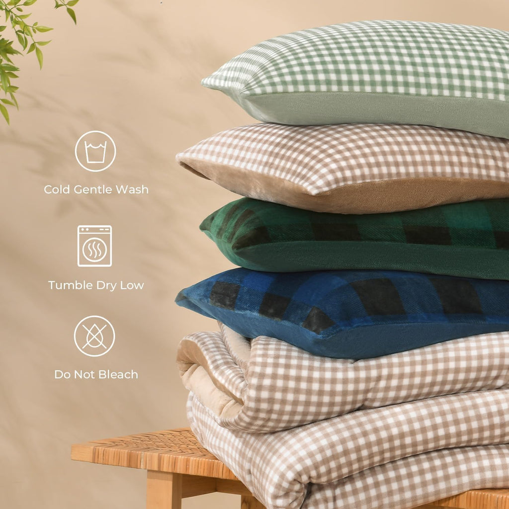 Velvet Flannel Gingham Comforter Set Full, 3 Pcs Sage Blanket