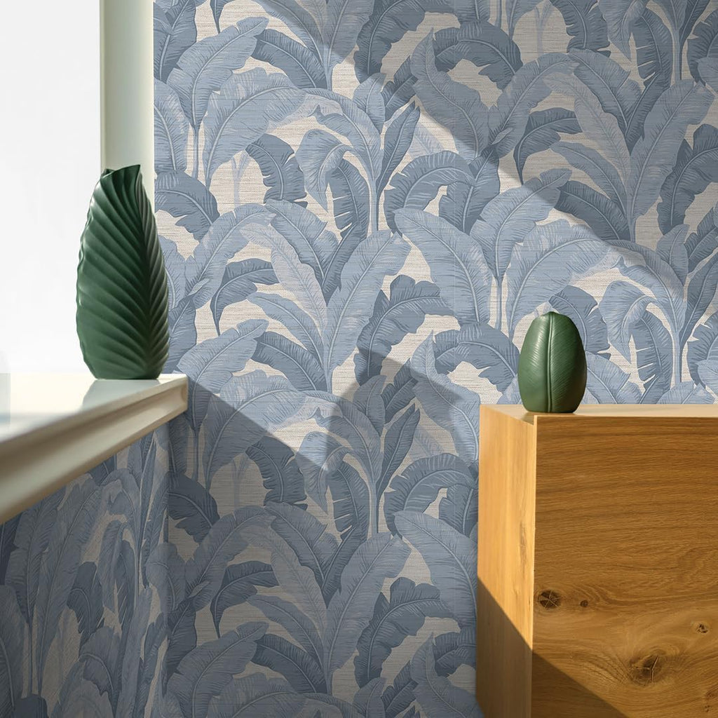 Textured Blue Layered Palm Faux Grasscloth Removable Peel and Stick Wallpaper, 20.5 in X 16.5 ft, Made in The USA