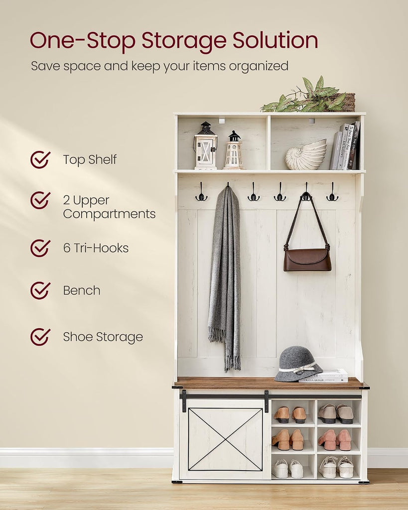 Hall Tree with Bench and Shoe Storage, Coat Rack with Shoe Bench, Entryway Furniture, 6 Tri-Hooks, Sliding Door
