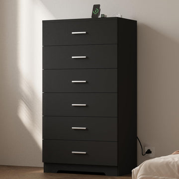 48" Tall Dresser Chest of Drawers with Power Outlets Wood 6 Drawers Dresser with Large Storage Space and Metal