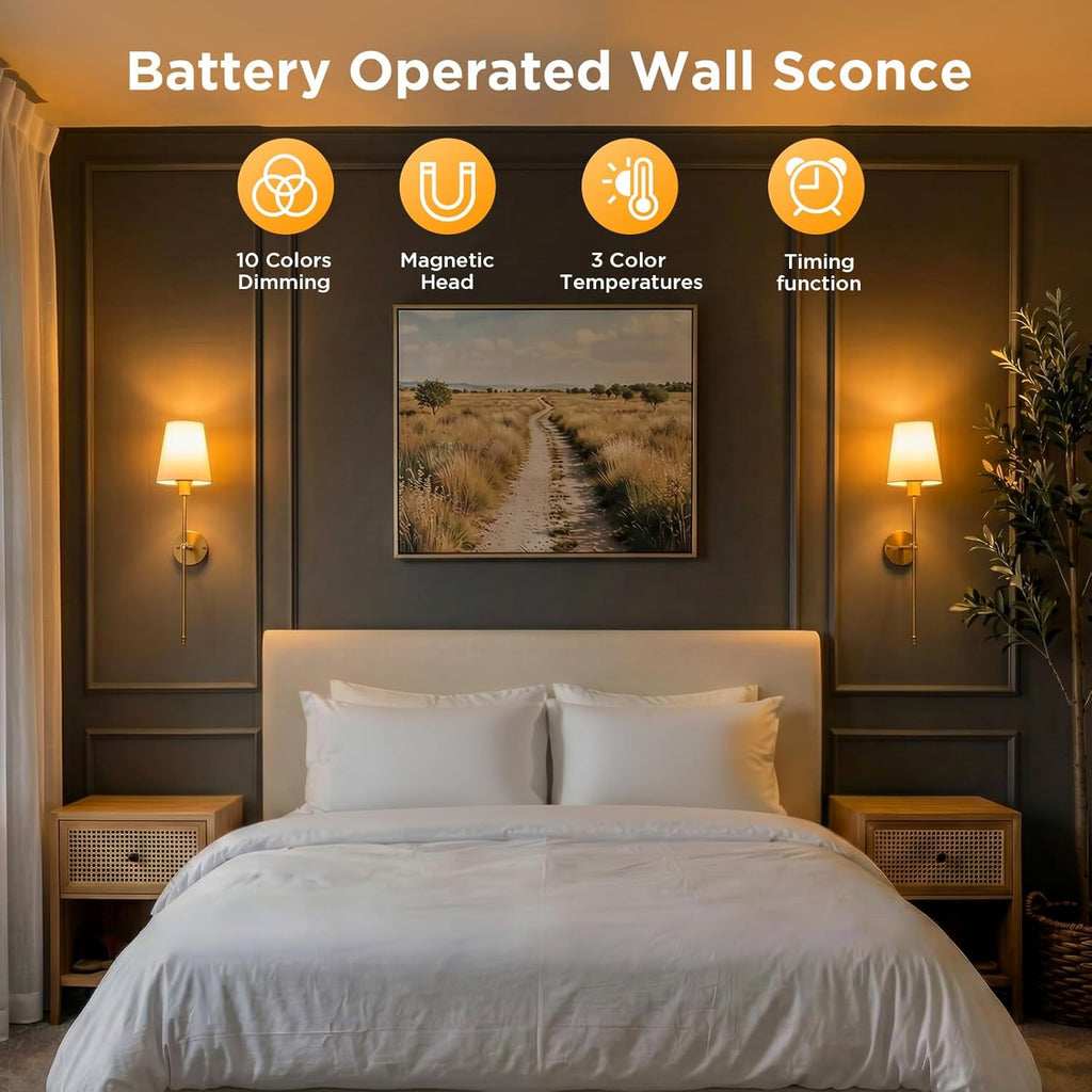 Battery Operated Wall Sconces Set of Two, RGBWW Wireless Rechargeable Wall Lights with Dimmable Magnetic Bulbs and Remote, Gold Wall Lamp for Living Room Bedroom Hallway Decor