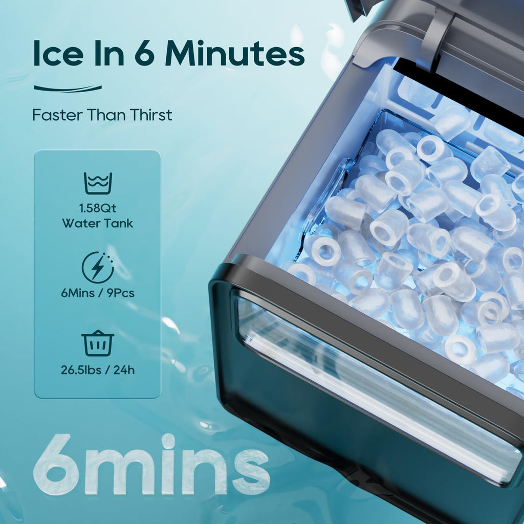 Ice Maker Countertop, 9 Ice Cubes in 6 mins, Self-Cleaning Portable Ice Machine with Basket and Scoop, 2 Sizes