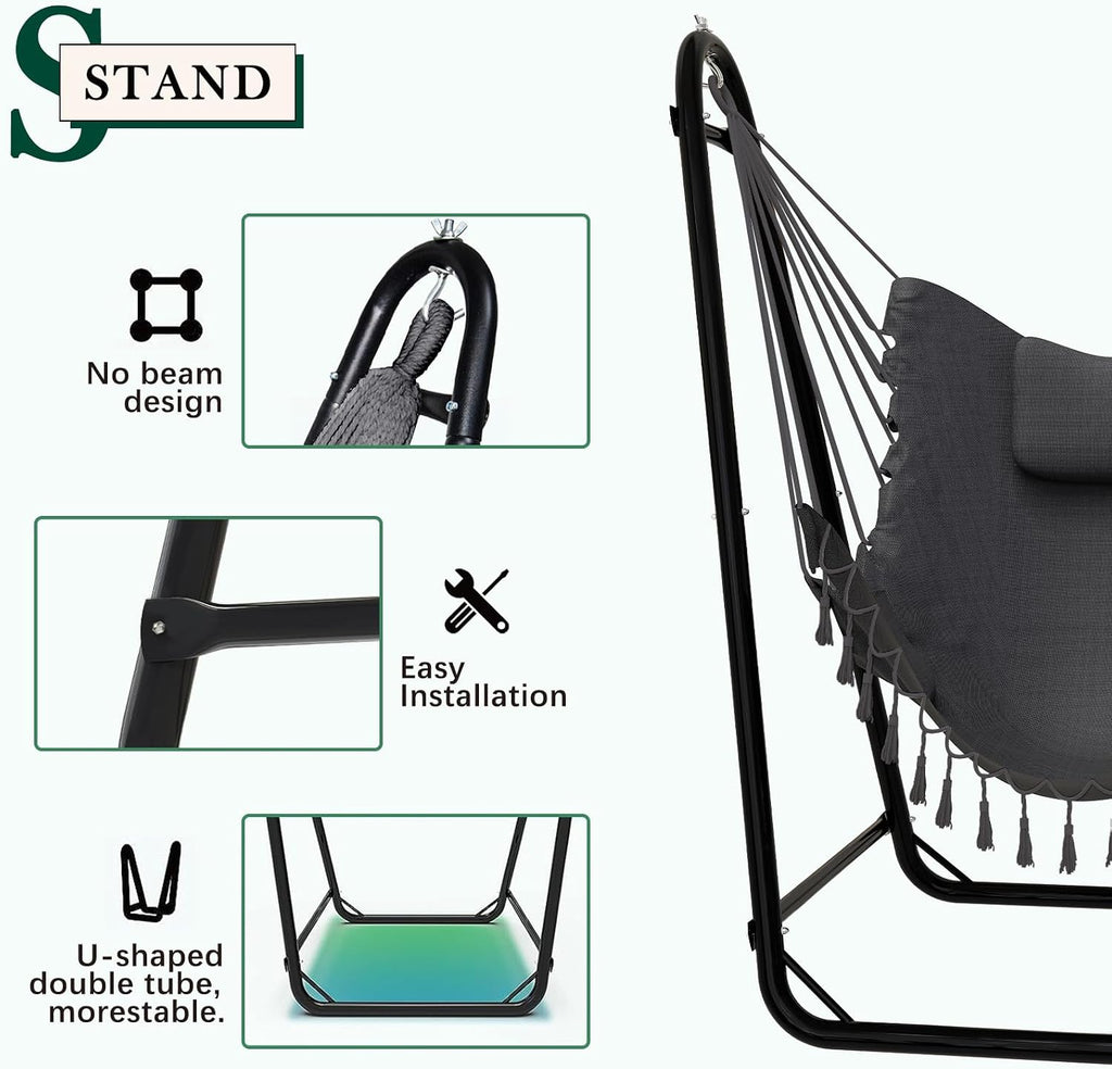 Unique U-Shaped Hammock Chair with Stand,Sturdy & Rust-Resistant,Free Gray Cotton Hammock Chair | U-Shape Anti-Tip