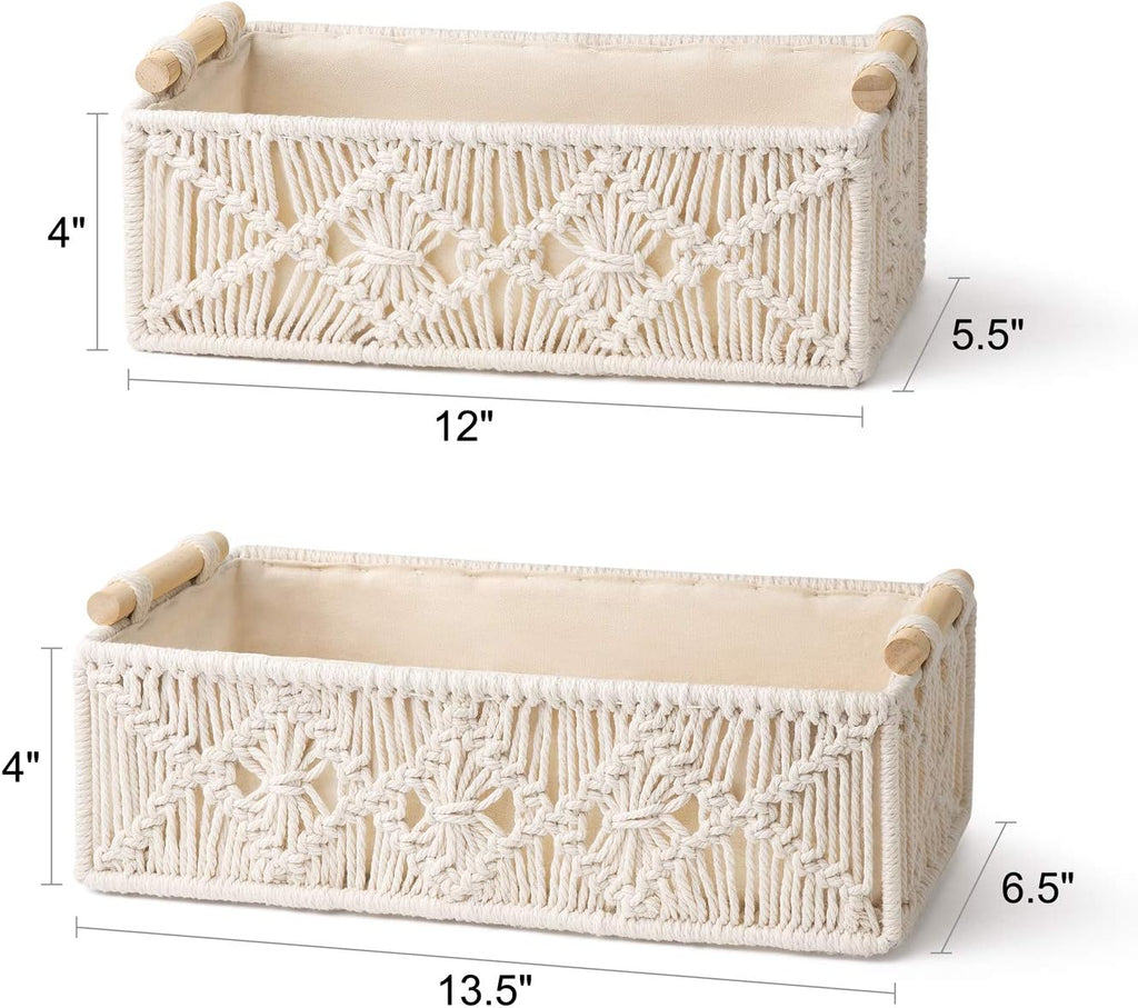 2Pc Macrame Storage Baskets, Boho Bathroom Toilet Paper Holder, Ivory | Small Baskets for Organizing, Hand-Woven