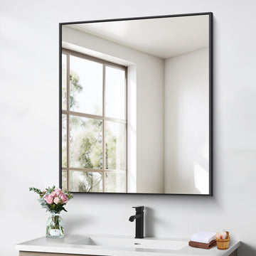 Bathroom Mirror,30x36 inch Wall Mirror Wall Mounted Black Rectangle Square Corner Mirrors, Black Bathroom Mirror