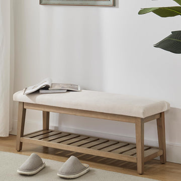 Entryway Bench, Chenille Upholstered Shoe Benches , Ottoman Bench with Solid Wood Shelf, Storage Benches (Beige)