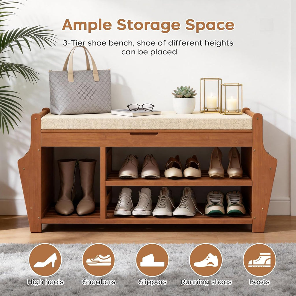 47.2in Shoe Bench Entryway - Bamboo Shoe Rack Bench with Storage, Shoe Rack Organizer with Cushion, 2 Side Holder