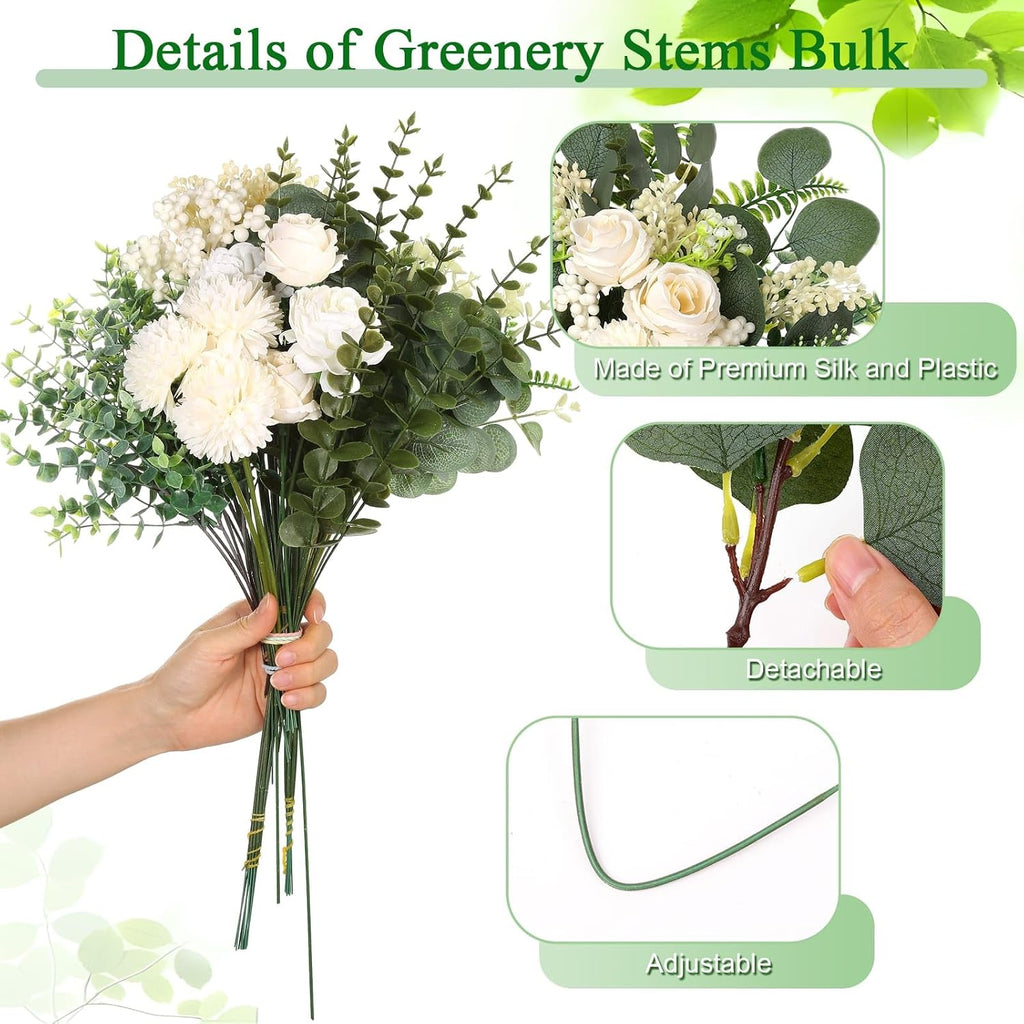 120 Pcs Mixed Artificial Eucalyptus Stems Flowers Bulk, 15 Kinds | Fake Silver Dollar Eucalyptus Faux Silk Greenery