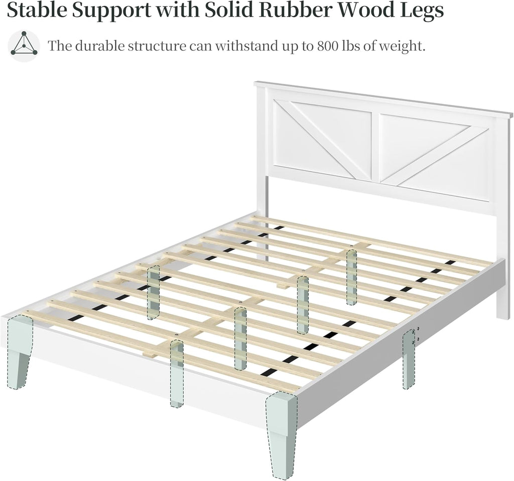 Wood Bed Queen, Farmhouse White Rubberwood Platform Bed Frame with V-Designed Headboard, Sturdy Wooden Support Slats