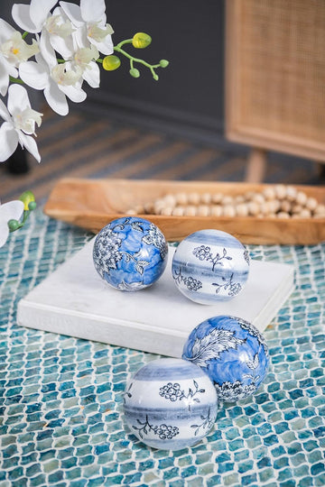 Set of 4 Porcelain Decorative Spheres - Handcrafted Blue and White Floral Orbs, Same Size, Decor, Tabletop Accent