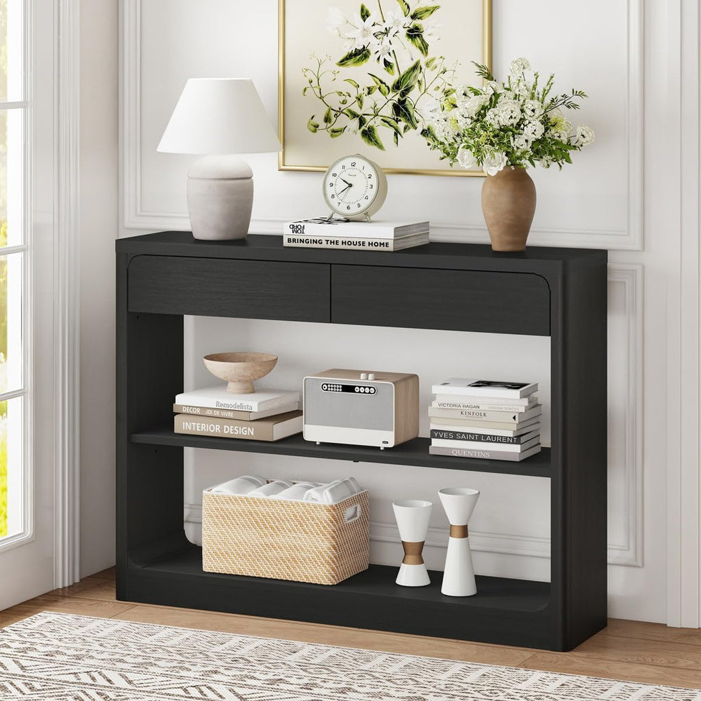 Console Table with 2 Drawers, 43.3 Inch Farmhouse Narrow Entryway Table with Storage Shelves, Rustic Sofa Tables