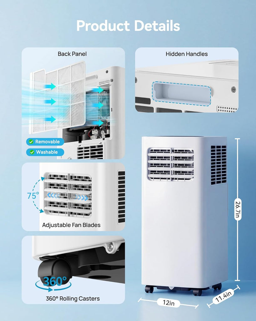 8000 BTU Portable Air Conditioner, 3-in-1 Cools 350 Sq.Ft, Quiet AC with Fan & Dehumidifier, LED Display, Remote