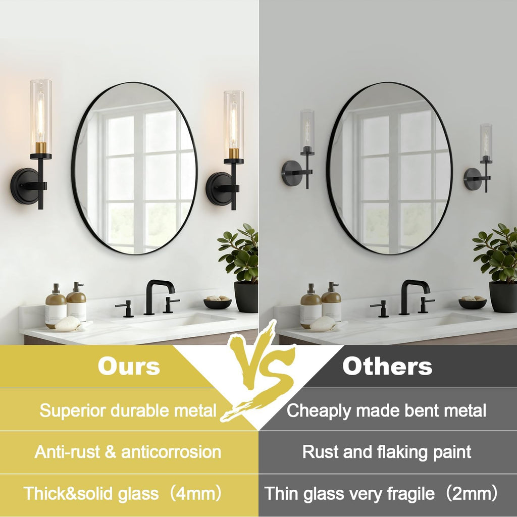 Hardwired Wall Sconces Set of Two, Black and Gold Bathroom Sconces with Clear Glass, Modern Wall Light Fixtures