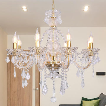 Crystal Gold Farmhouse 8-Light Adjustable Chandelier Modern Pendant Lighting for Staircase Hallway Entryway Foyer Living Room Dining Room Bedroom
