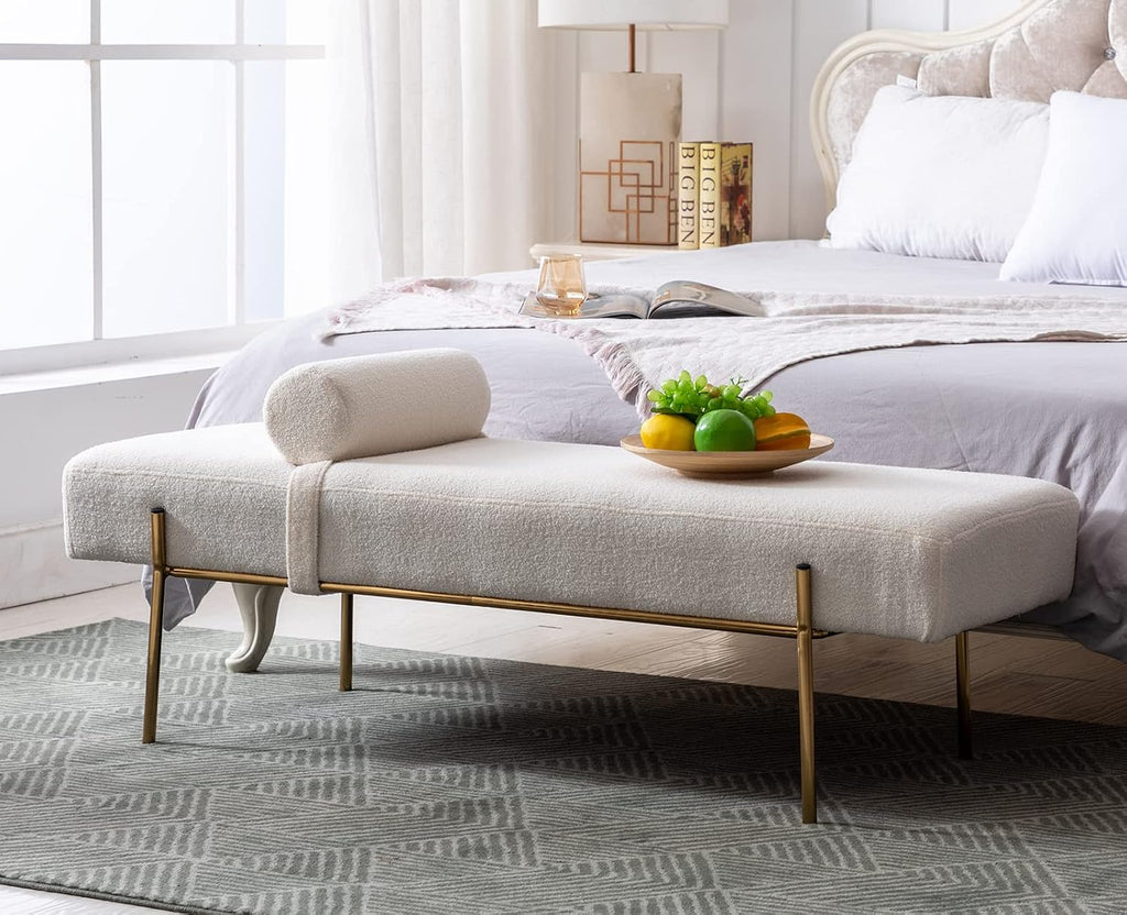 Modern End of Bed Bench, Upholstered Entryway Bench with Detachable Pillow , Faux Fur Ottoman Bench with Gold Metal