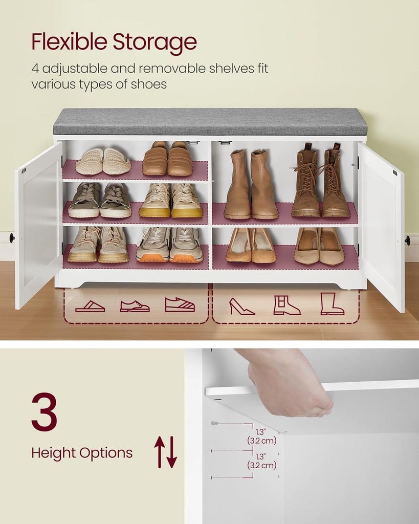 Shoe Storage Bench with Cushion, 3-Tier Entryway Bench with Padded Seat, Doors, Adjustable Shelves, 14 x 39.8 x 20.7