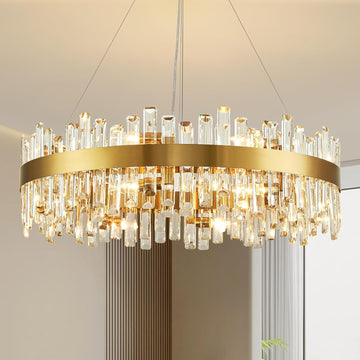 16-Light Modern Crystal Chandelier, Large Gold Round 2-Tiers K9 Crystal Chandelier, Luxury Flush Mount Crystal