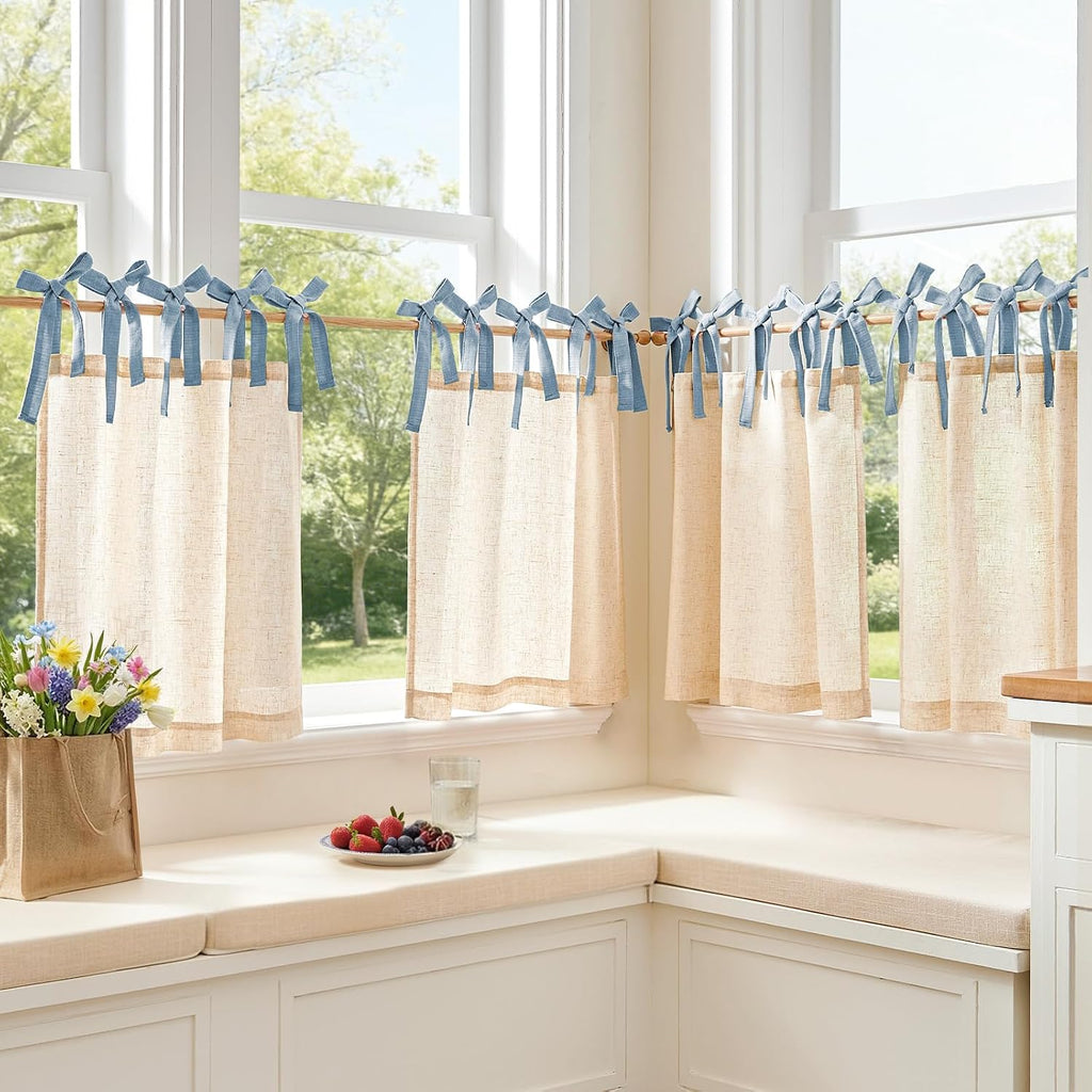 White Solid Linen Kitchen Tier Curtains 45 Inches Tie Top 2 Panles