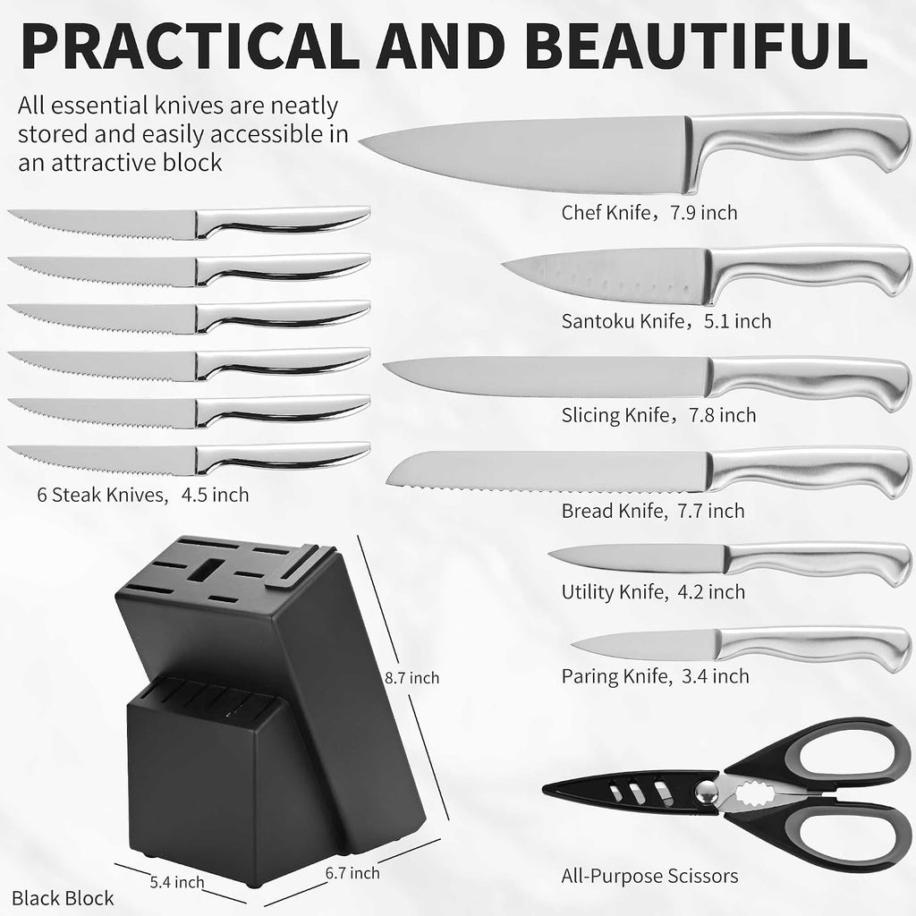 15-Piece Stainless Steel Chef Kitchen Knife Sets with Block & Built-In Sharpener, Professional Chef Knife Sets with