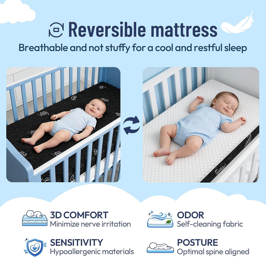 Crib Mattress, 52 x 27 Dual-Sided Memory Foam Baby and Toddler Mattress, Triple Layer Toddler Bed Mattress with