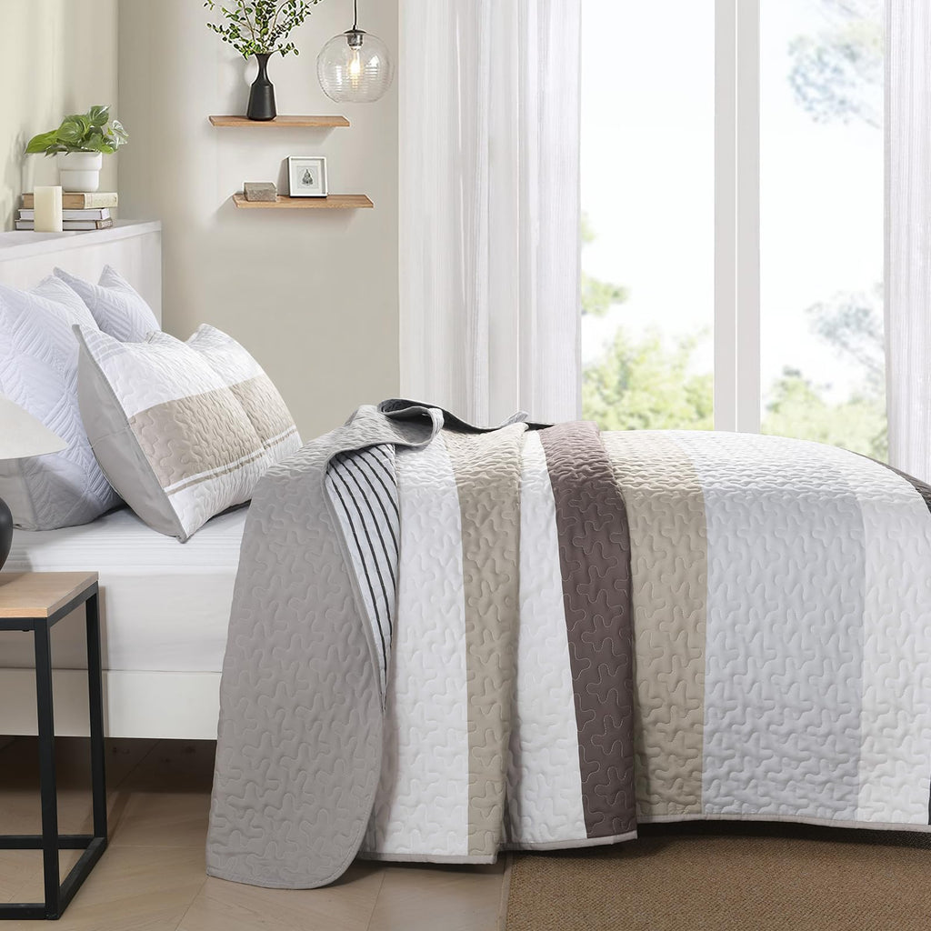 Boho Stripe Quilt Set, Grey Brown Lightweight Bedspread