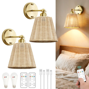 Rattan Rechargeable Battery Operated Wall Sconces Set of Two with Remote, 3 Colors Dimmable Wireless Wall Light