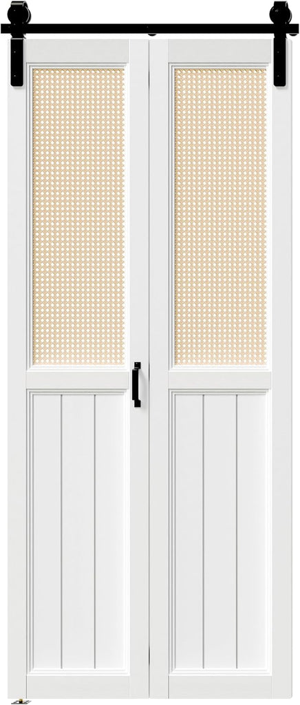 Bifold Barn Door, Cane Webbing Panel with Sliding Folding Closet Door Hardware Kit Set, 36"x 84" Finished Rattan