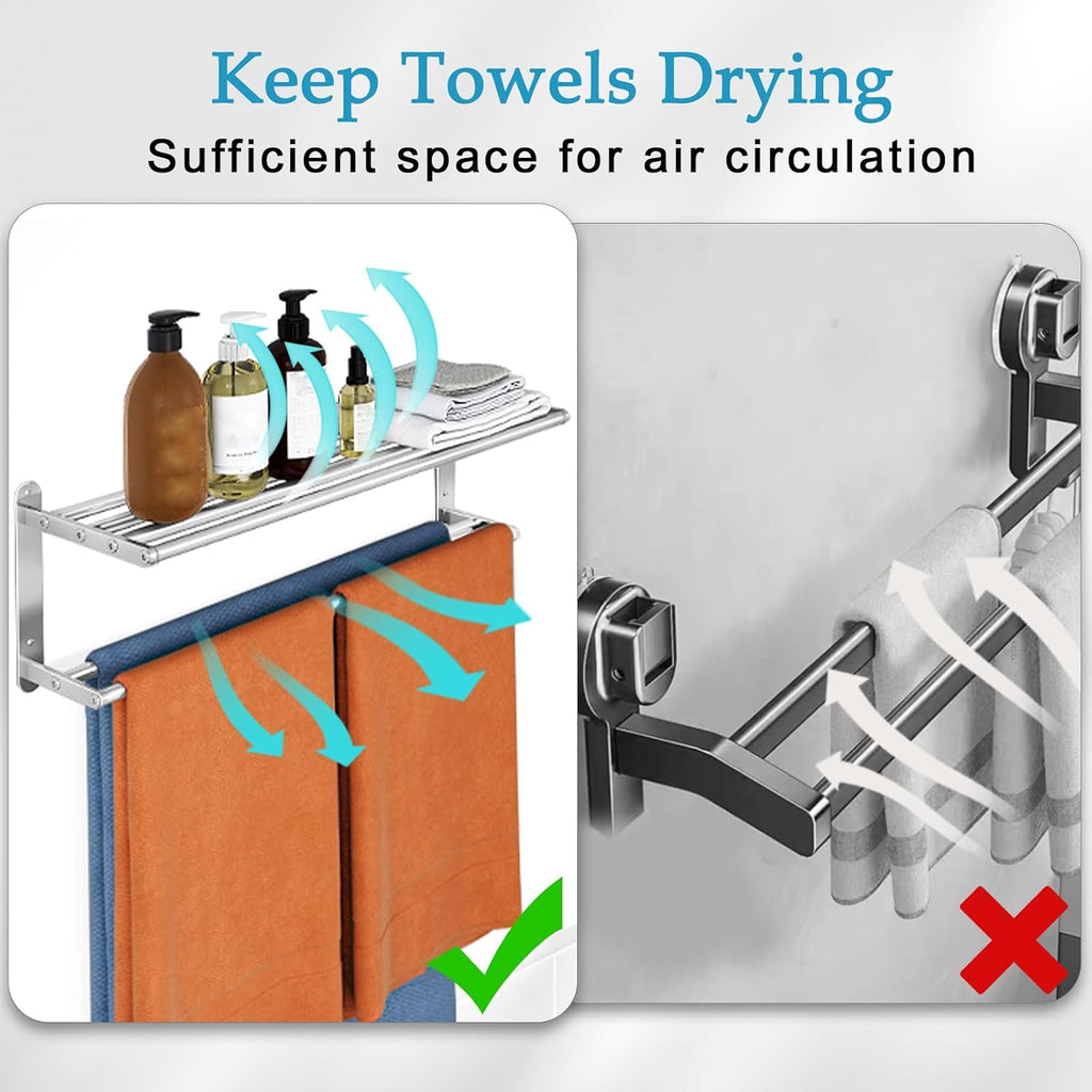 Towel Racks - 24 in Bath Towel Shelf with Double Towel Bar, Stainless Steel Towel Storage for Lavatory Wall Mounted