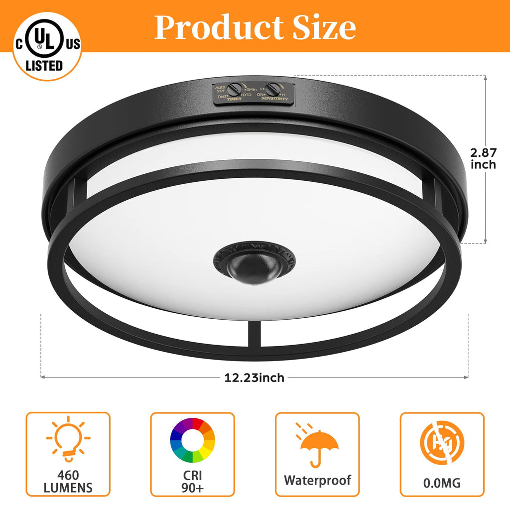 12 Inch LED Motion Sensor Outdoor Ceiling Light for Porch, Black