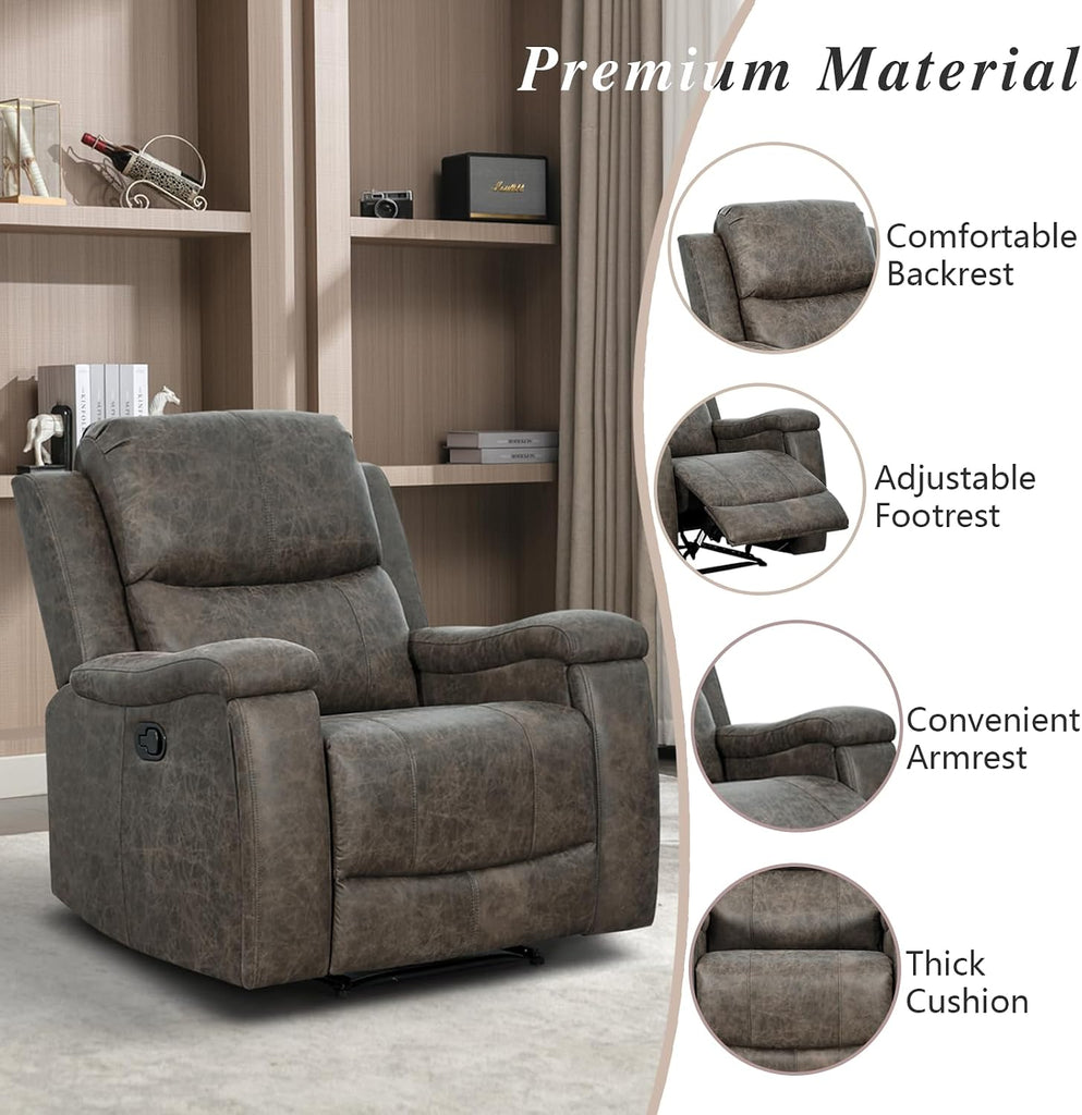 Grey Recliner Chair, Single Overstuffed Sofa Recliners, Breathable Faux Leather Manual Reclining Chairs with Hidden