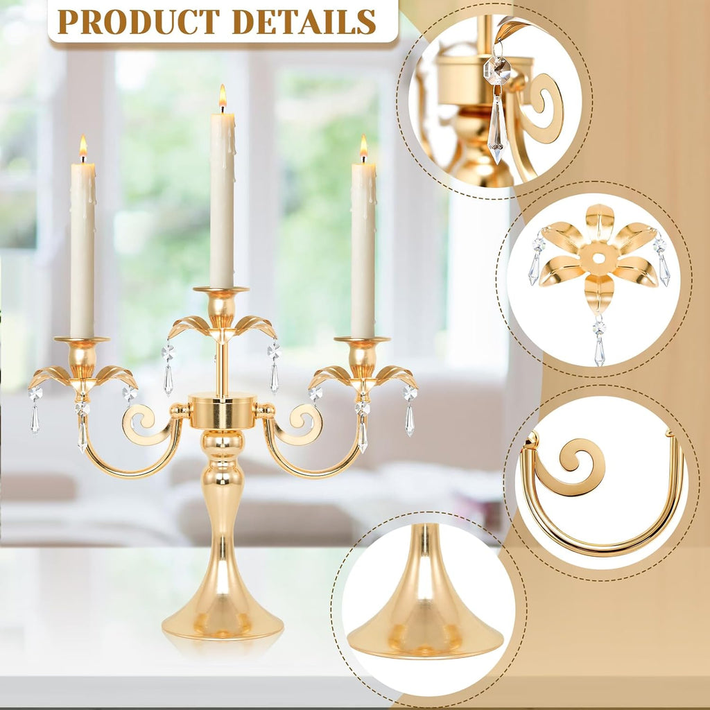Metal 3 Arm Candelabra with Crystal Pendants - 11.8 Inch Tall Candle Holders, Set of 2 - Elegant Taper Candlestick