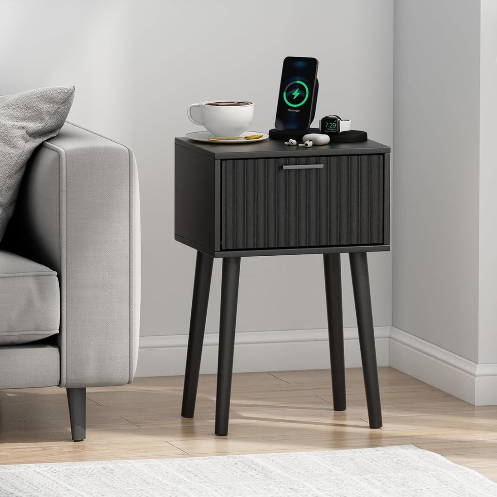 Nightstands Set of 2, Small Side Table, Bedside Table with Fluted Door, Solid Wood Feet, Modern Mid-Century End Table