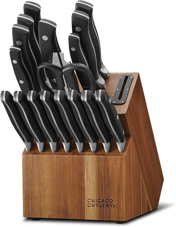 Insignia Triple Rivet Poly (18-PC) Kitchen Knife Block Set With Wooden Block & Built-In Sharpener, Black Ergonomic