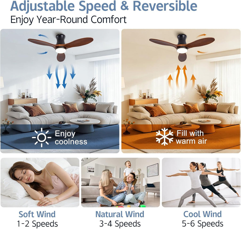 42 Inch Inspired Maverick Style Low Profile Smart Ceiling Hugger Fan with LED Light & Remote - Flush Mount, Solid Wood Blades, 6-Speed - Black