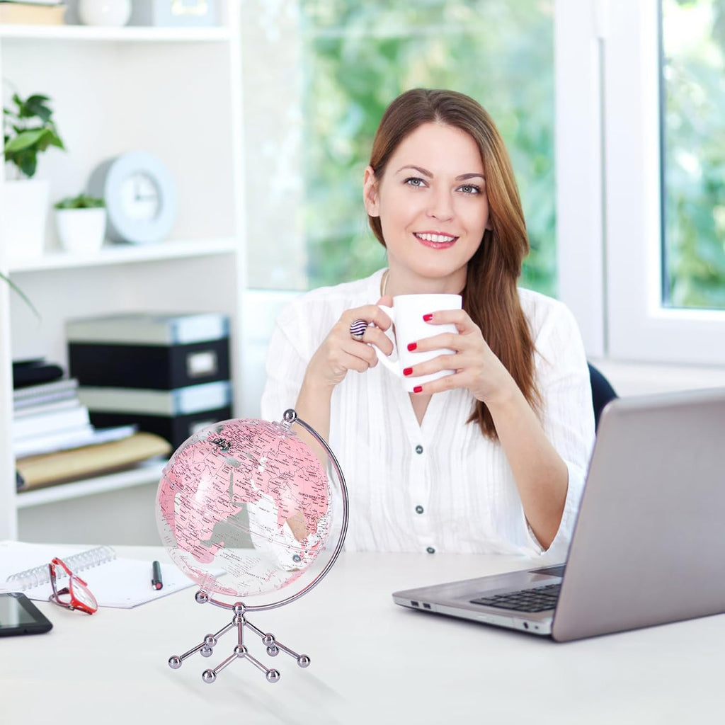 Decorative 8" Pink Earth Globe with Stand - Rotating Desktop Map for Kids, Educational World Globe with Detailed Map
