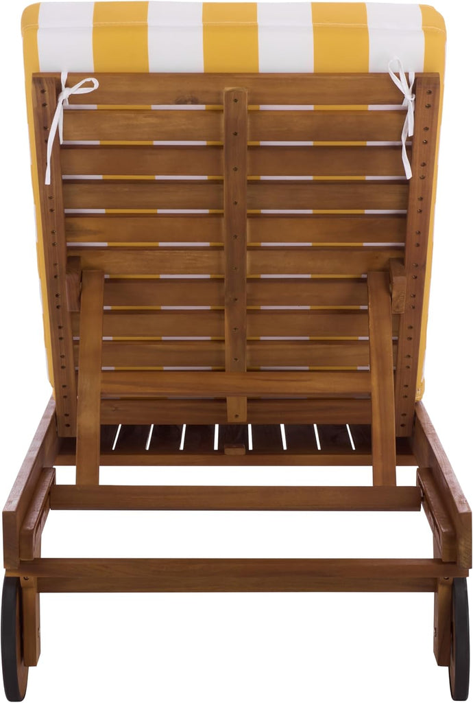 Outdoor Patio Furniture Collection - Newport Natural Solid Wood Chaise Lounge Chair with Yellow Stripe Cushion