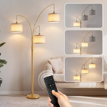 Dimmable Floor Lamp with Remote, Beige Shade Gold Pole