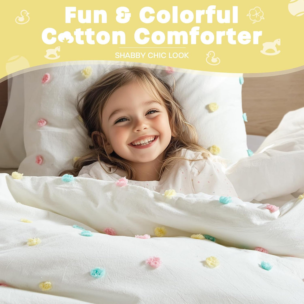 Girls Comforter Set, Ivory 5-Piece Kids Bedding, 100% Cotton Tufted Pom Pom Tufted Jacquard, All