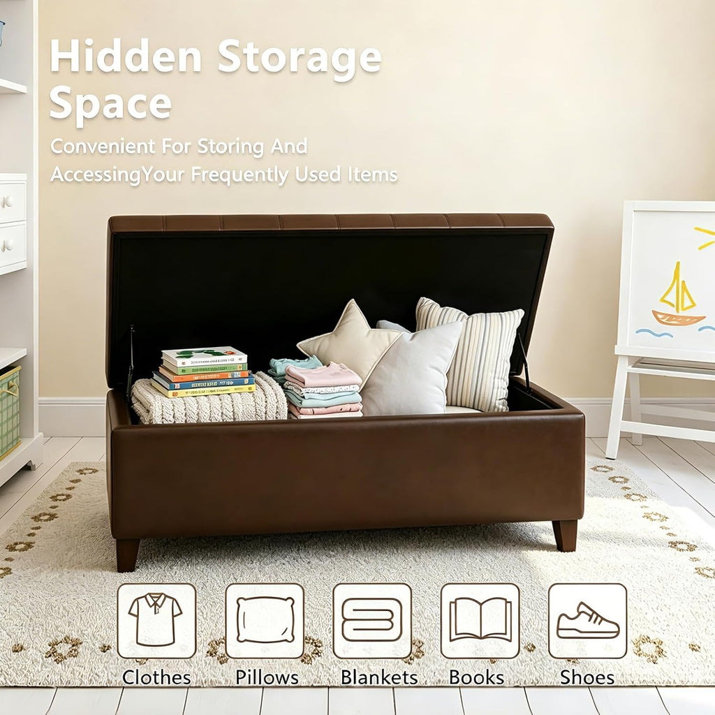 51 Inch Storage Bench,Leather Tufted Storage Ottoman with Legs | Safety Hinges,Wooden Legs,Upholstered,End of