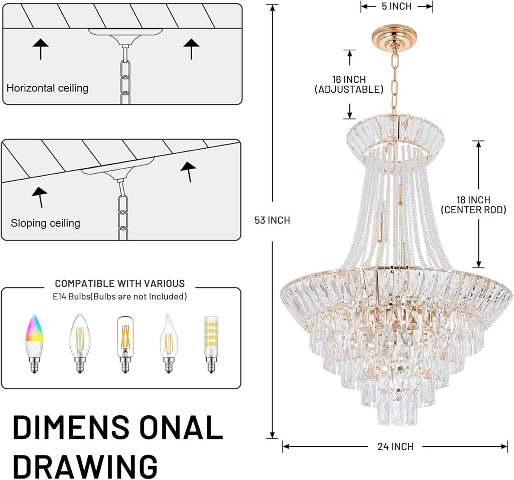 Luxury Crystal Chandelier, 24 inch Modern Gold French Empire Crystal Ceiling Chandelier Lighting Fixture Lamp High Ceiling Hanging Light Home Decor Lamp for Living Room Bedroom Foyer