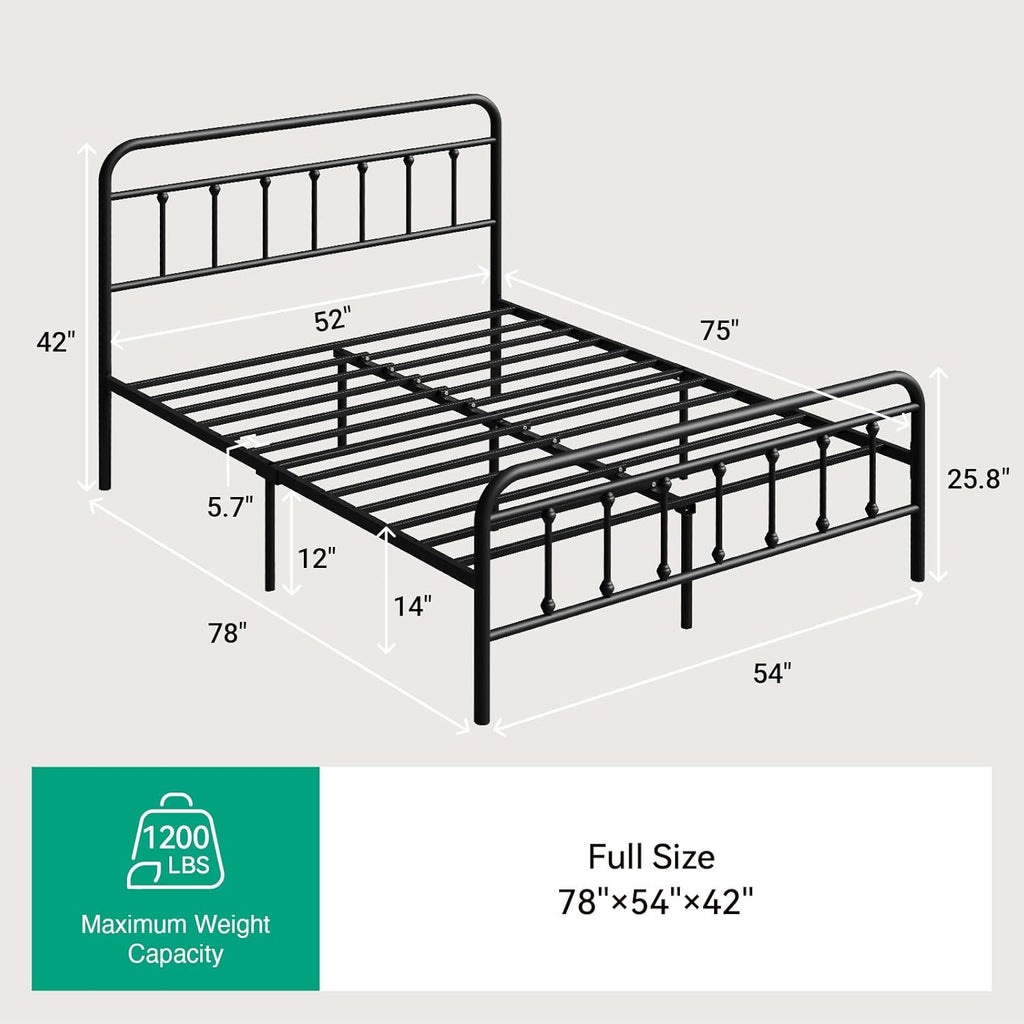 Metal Full Bed Frame - Modern Minimalist Victorian Style with Headboard/Footboard