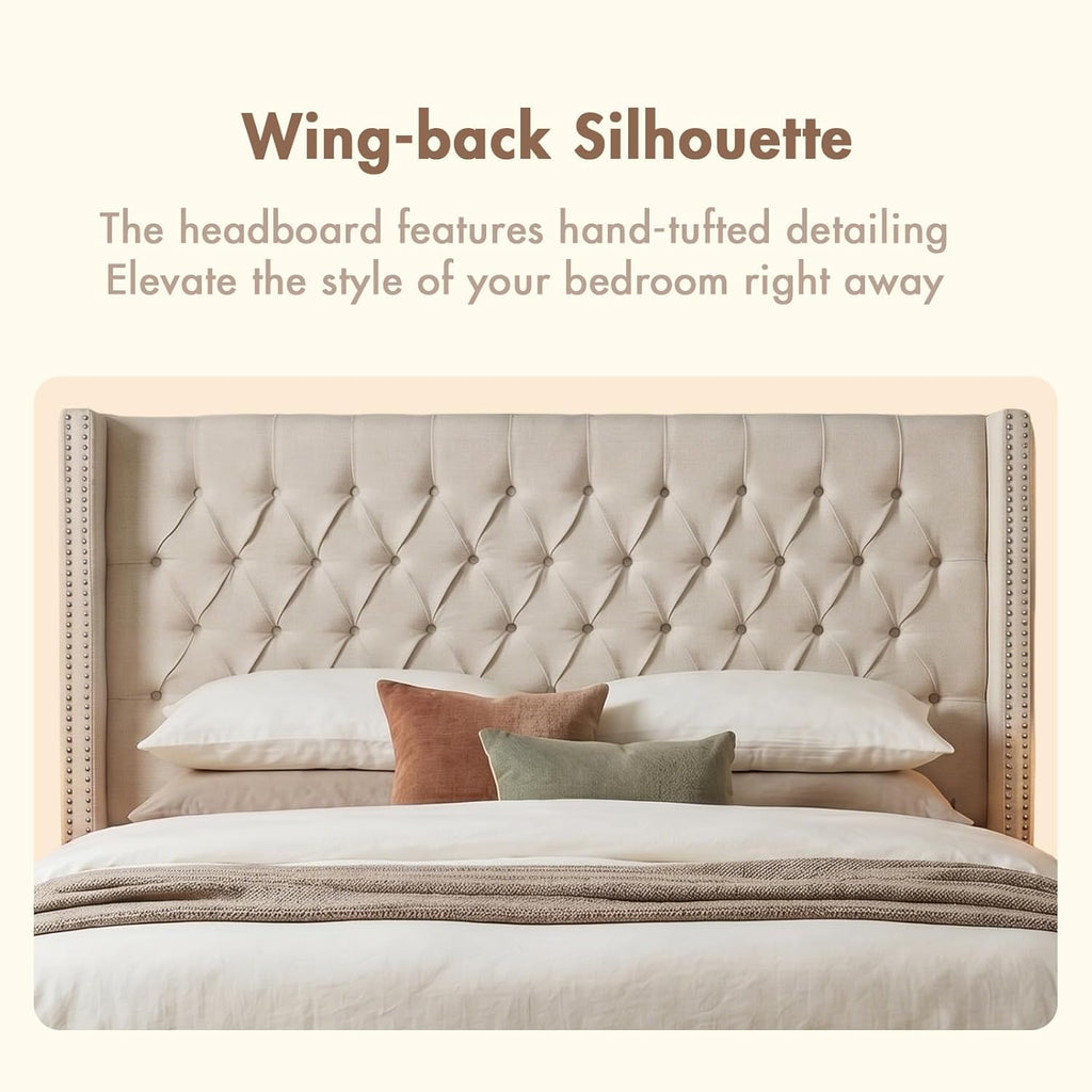 Upholstered Headboard | Nail Head Trim Wingback Button Tufted | Queen, Cream